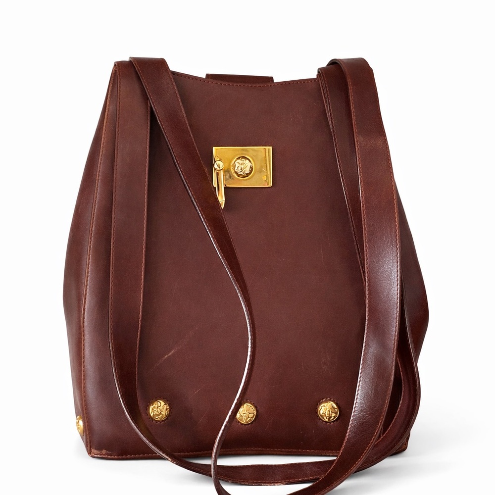 Rare Vintage Ferragamo Leather Bag Studded Gold Hardware Italy